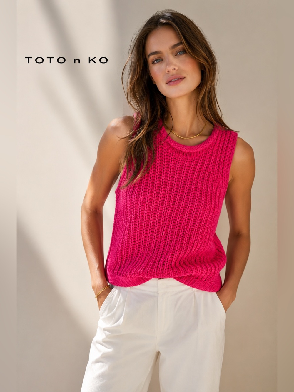 Toto n Ko Pink Chunky Knit Sweater Tank Top Medium Sleeveless Barbiecore Preppy